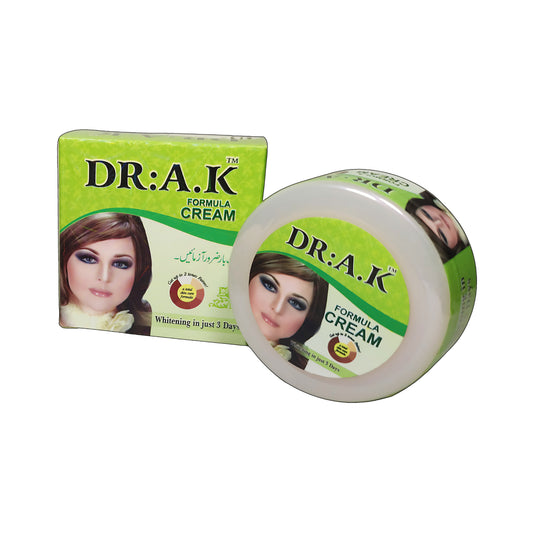 DR:A.K Formula Cream removes wrinkles and antiaging packaging with a green box and white jar on a white background