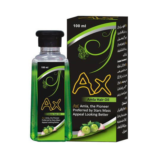 AX Amla Hair Oil hair regrowth bottle and packaging on a white background