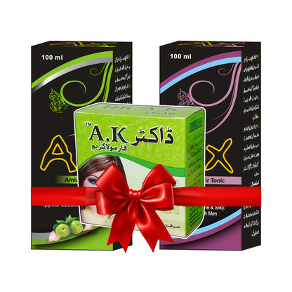 Dr AK Formula Cream AX Hair Tonic and AX Amla Hair Oil bundle skin brightening cream and herbal hair growth anti hair fall hair care set