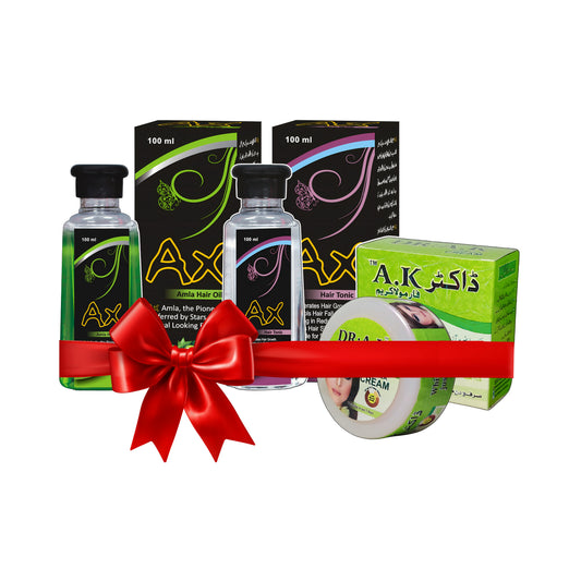 Dr AK Formula Cream AX Hair Tonic and AX Amla Hair Oil bundle skin brightening cream and herbal hair growth anti hair fall hair care set