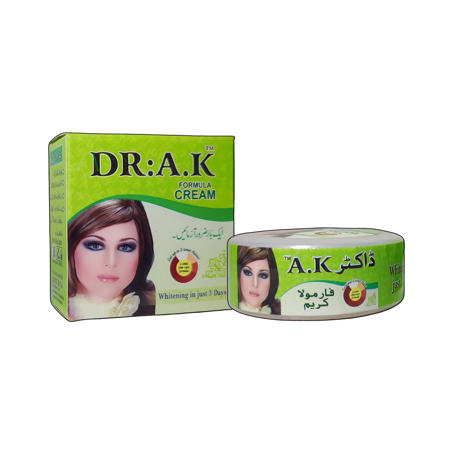 DR:A.K cream packaging with green and white design on a white background